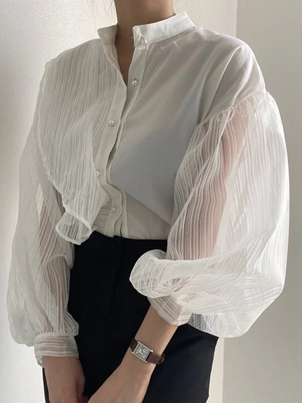 Asymmetric Buttoned See-Through Solid Color Split-Joint Long Sleeves Loose Stand Collar Blouses&shirts Tops