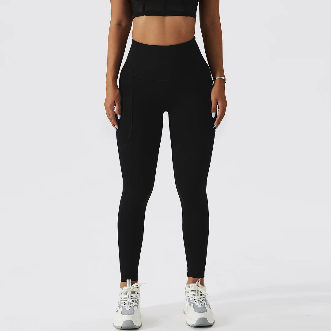 Solid color band pocket sports Leggings