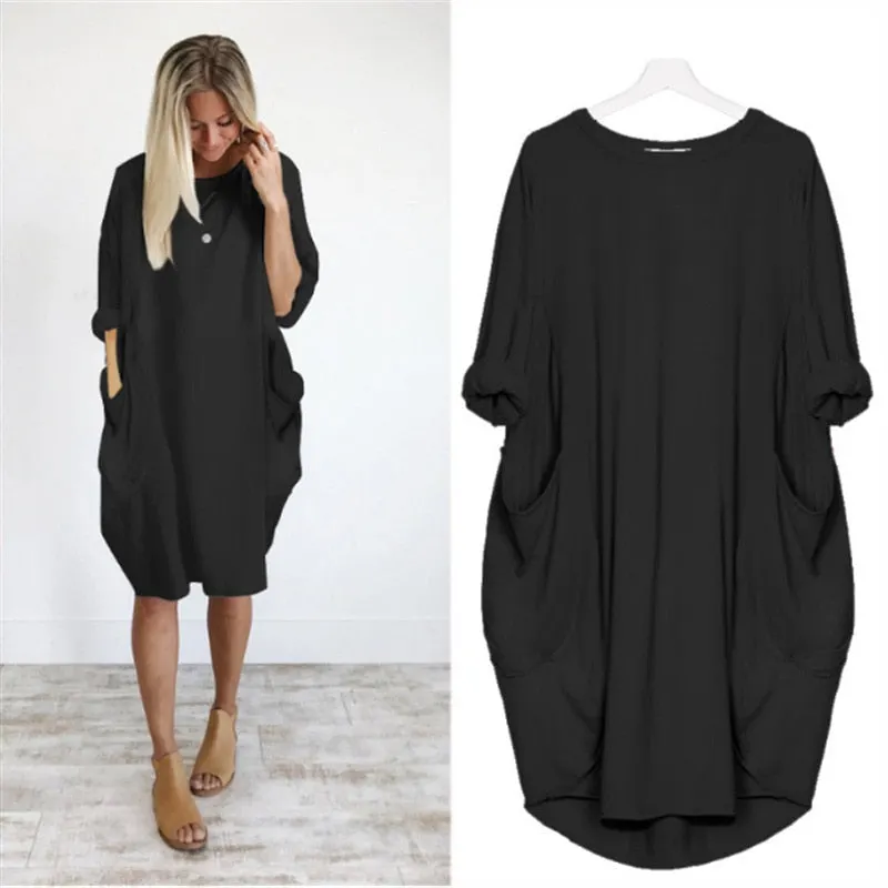 Autumn Solid Color Dress Women 2021 Fahsion Pocket O Neck Long Sleeve Loose Vintage Dresses Female Plus Size Casual Midi Dress