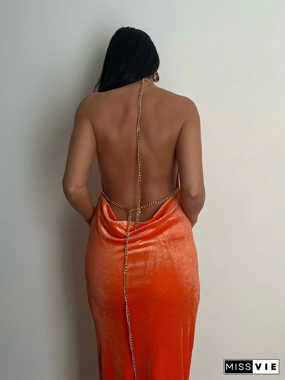 Backless Maxi Dress Sexy Orange Velvet Halter Slim Dress For Women Summer Elegant Long Club Party Beach Dresses New Outfit