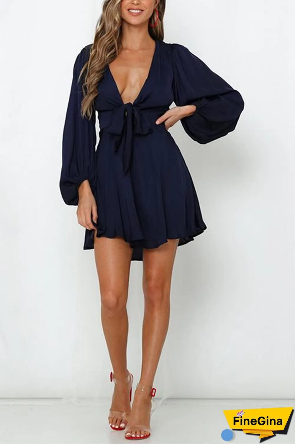 Bow Tie Deep V Neck Mini Dress