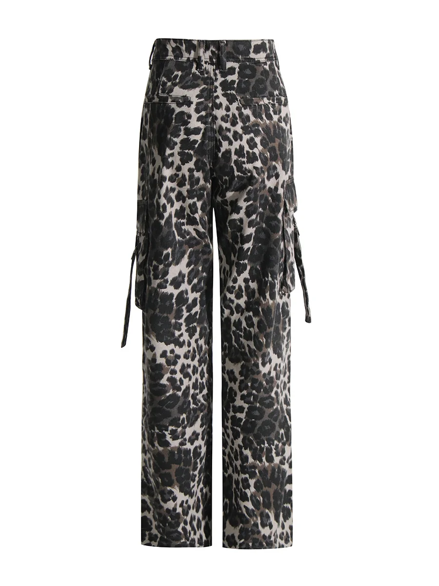 Woherb Woherb And Summer 2024 New Leopard Print Multi-Pocket Decorative Design Feel Tooling Denim Casual Pants Women-Outfit Ideas