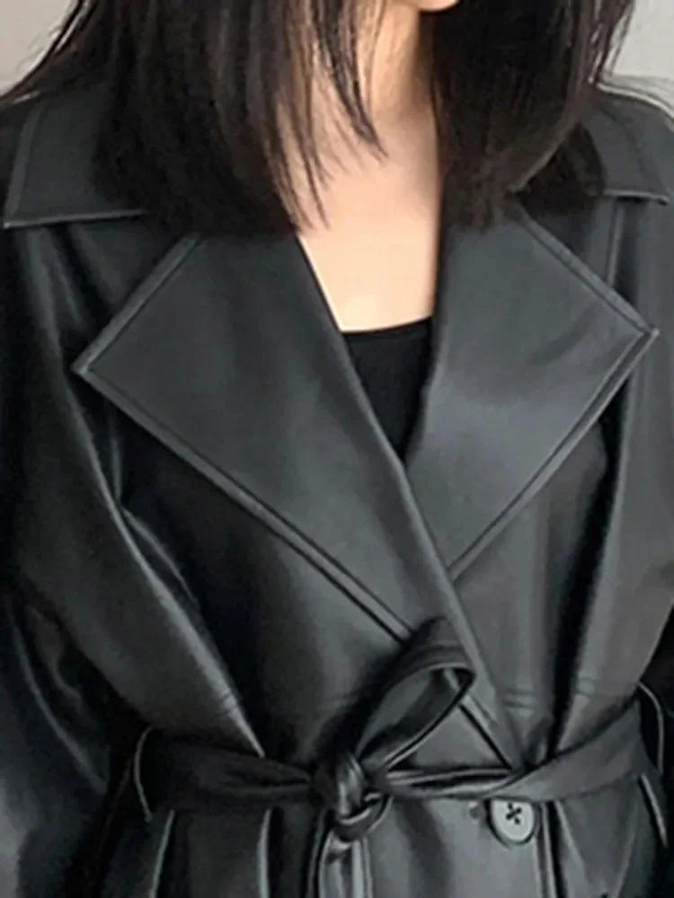 Huiketi Spring Autumn Long Oversized Black Leather Trench Coat for Women Sashes Single Button Loose Stylish Korean Fashion 2023