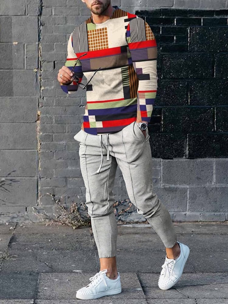 Men's Irregular Color Matching Print Long Sleeve T-Shirt And Pants