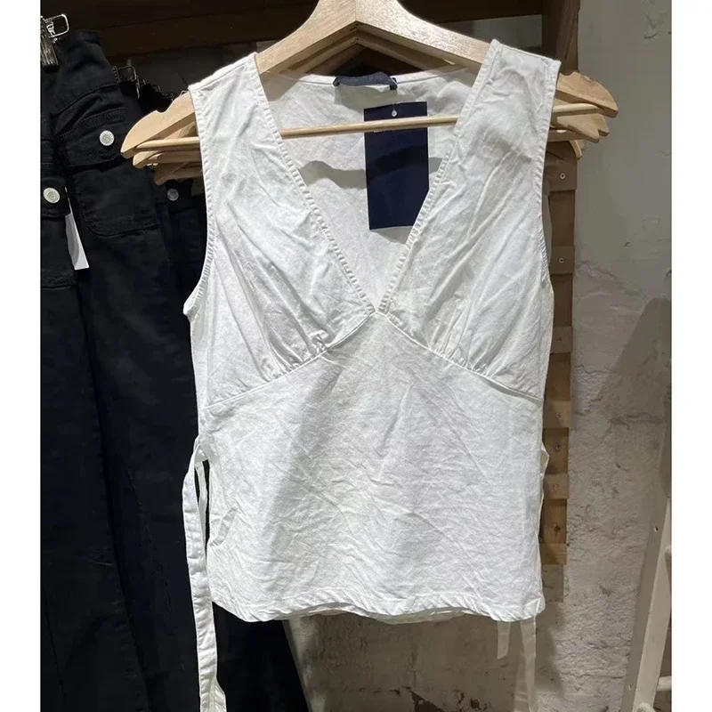 Women White Deep V Neck Tanks Sexy Cotton Slim Tank Tops Vintage Solid Sweet Vest
