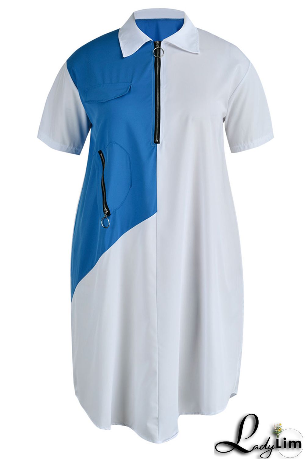 Light Blue Casual Solid Patchwork Zipper Collar Straight Plus Size Dresses