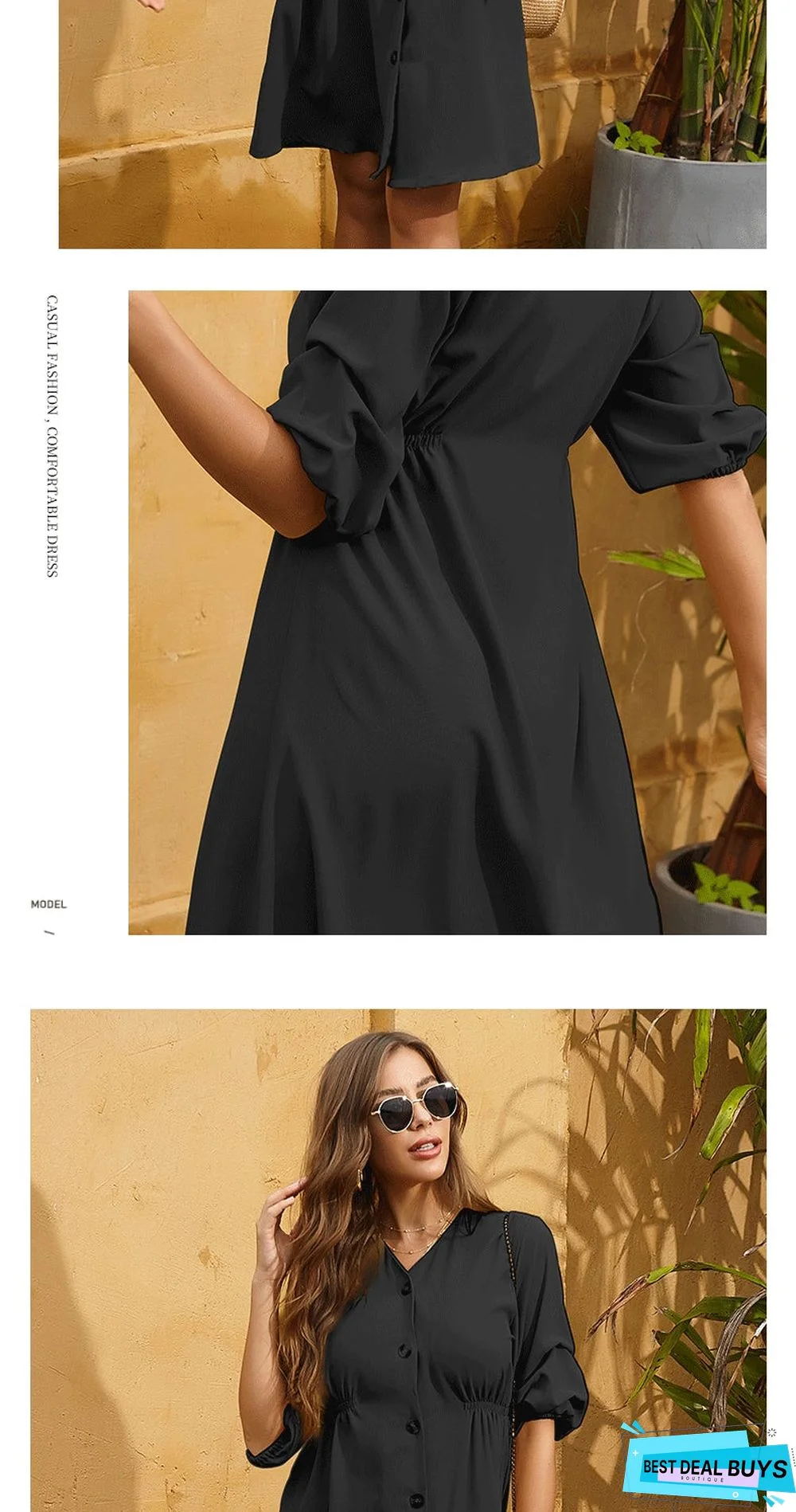 Solid-colored Loose-fitting Mid-sleeve Pleated Shirt Large Swing Dress