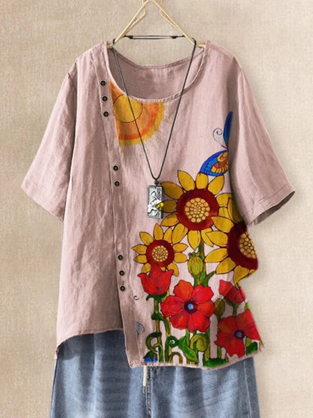 Bestdealfriday Pink Cotton Blend Floral Short Sleeve Shirts Tops 9210273