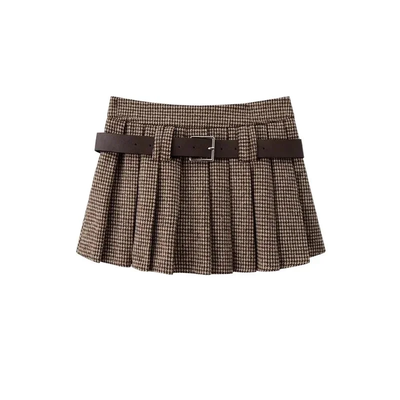 Huibahe Y2k Vintage Plaid Skirt Brown Women Streetwear Low Waist A-line Old Money Sexy Mini Pleated Skirt autumn 90s Aesthetic