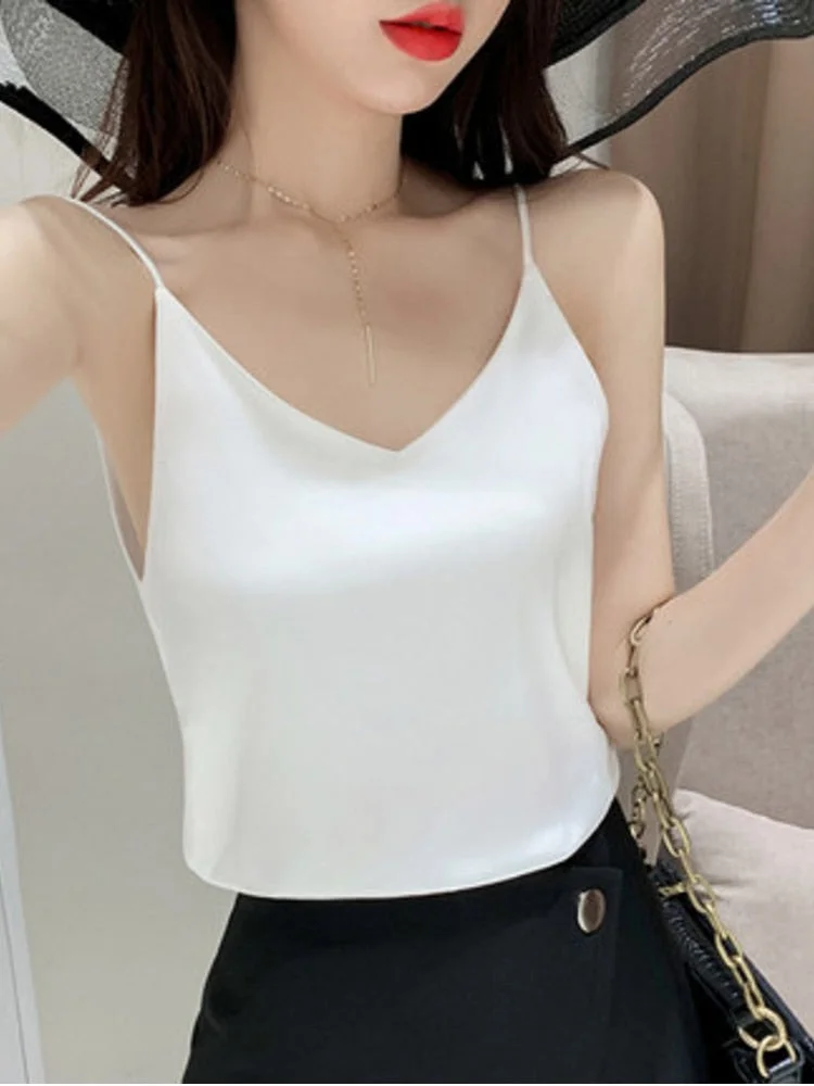 2021 Summer Solid Sleeveless Crop  Casual Camis Tank Tops Ladies V-Neck  Female Vest  Women Imitation Silk Blouses