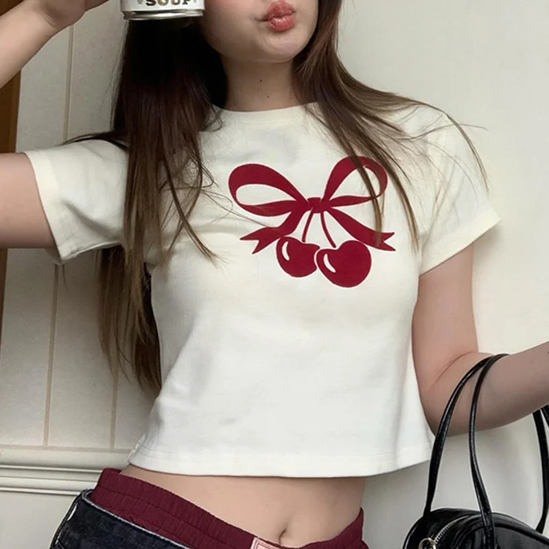 Wongn And Lovely Cherry Bow Printed Round Collar Basic T-Shirt Girls Wear A New Style Of Simple Blouse In Summer