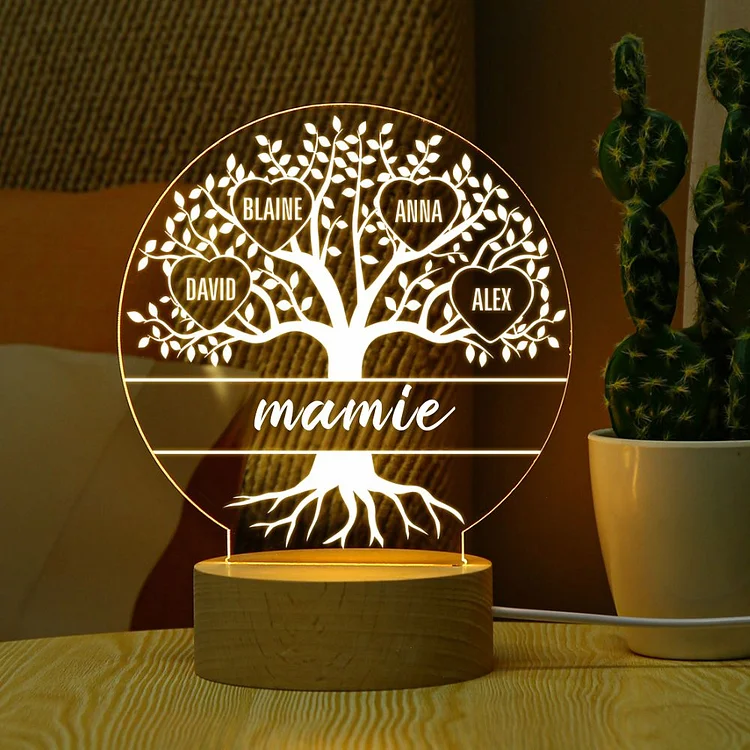 À ma Mamie/Maman - Lampe de chevet Arbre de vie LED Lumières 5 Prénoms Personnalisés pour Famille Jessemade FR