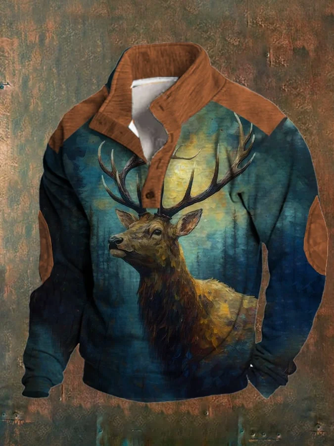 Men's Casual Literary Elk Print Fleece Sweatshirt