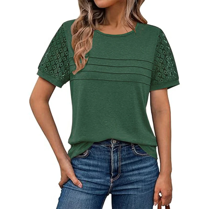 Athvotar Athvotar Summer New Women's Casual Loose Round-Neck Lady T-Shirt Solid Color Lace Splicing