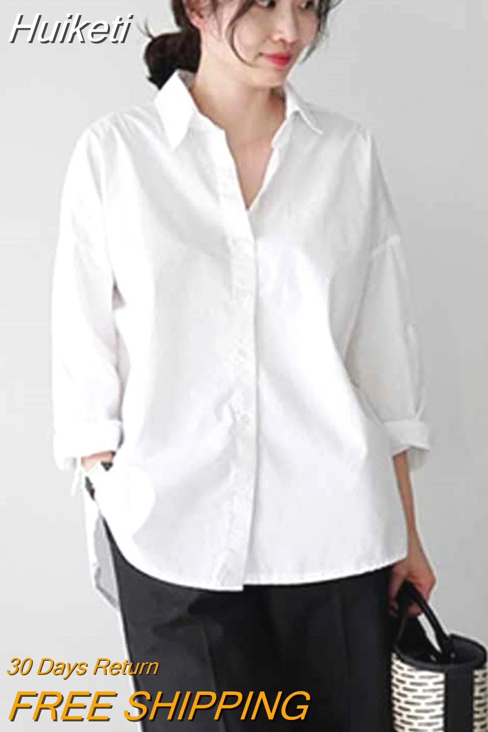 Huiketi Lady Cotton White Blouse Women 2023 Long Sleeve Loose Women Shirts Casual Loose Button Shirt Tops Female Clothing 12650