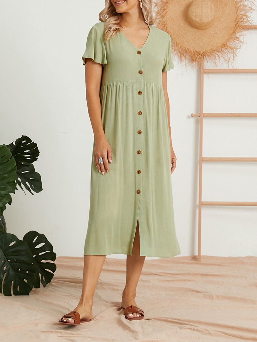 Womens Solid Color V-neck Short Sleeve Dress