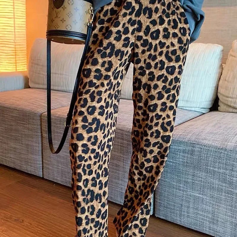 Fashion Loose Leopard Printed Vintage Wide Leg Pants Female Spring Casual High Waist Straight Trousers Women's Clothing
