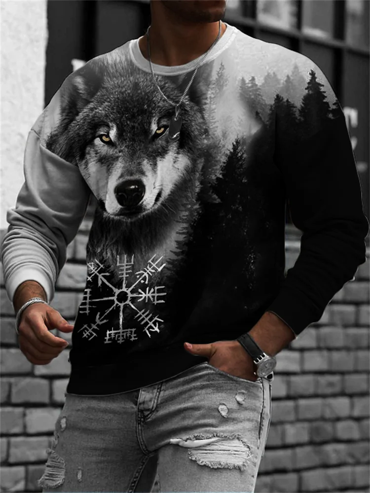 Men's Viking Vegvisir Wolf Dark Forest Contrast Sweatshirt