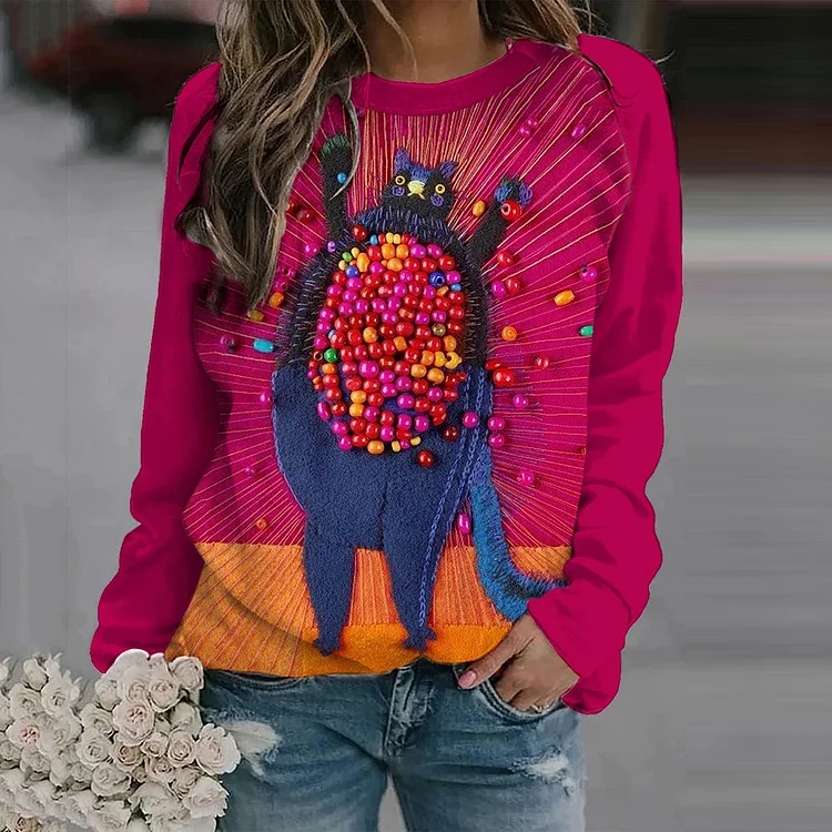 Comstylish Women's Bead Stitch Cat Art Printed Color Block Sweatshirt