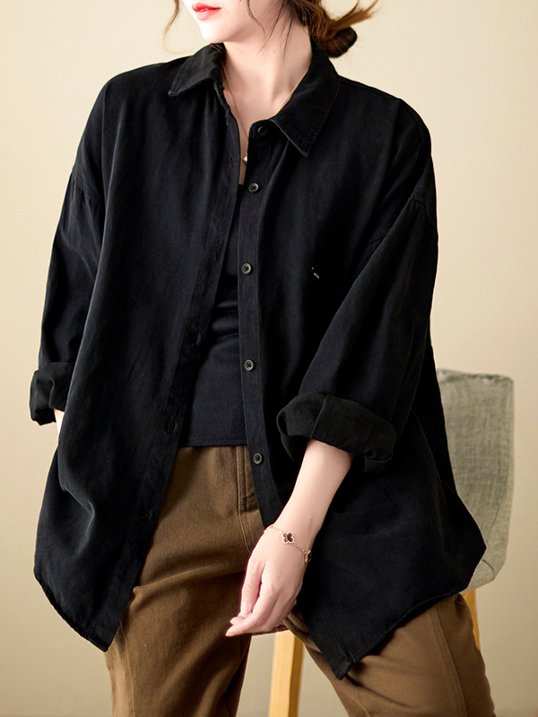 Long Balloon Sleeve Solid Color Shirt Collar Oversize Shirt