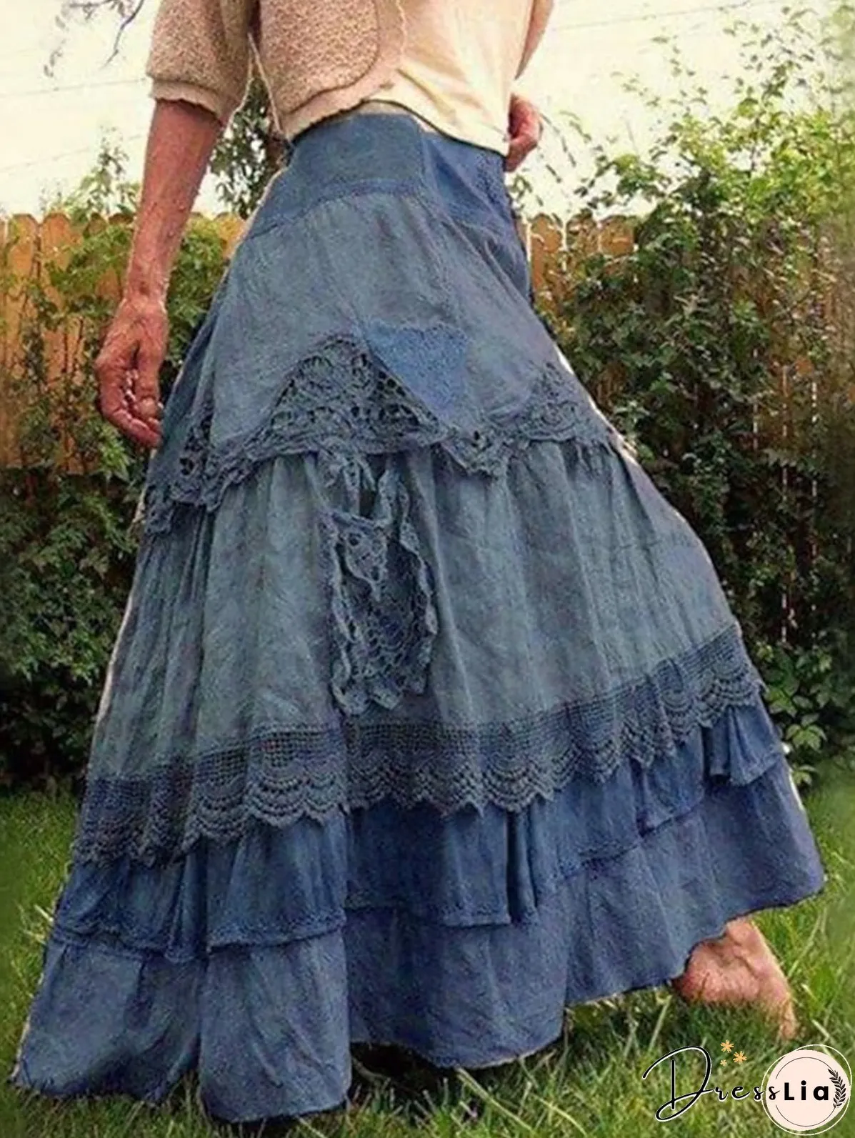 High Waist Lace Up Trim Colorblock Cotton Skirt