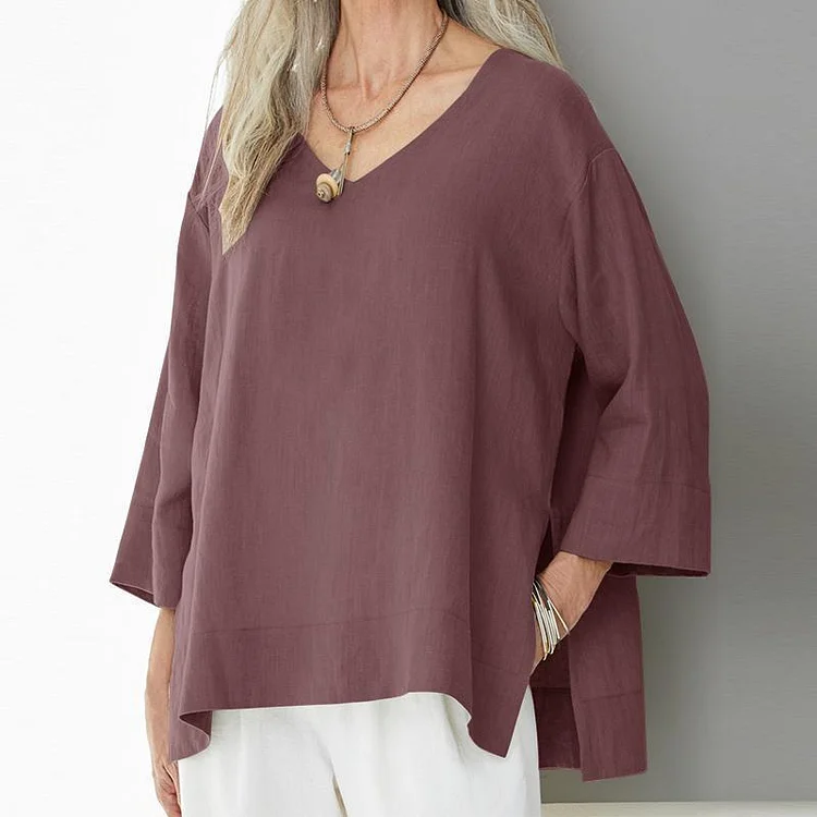 Women's V-neck cotton and linen shirt tops three-quarter sleeve side slits loose large size T-shirt socialshop
