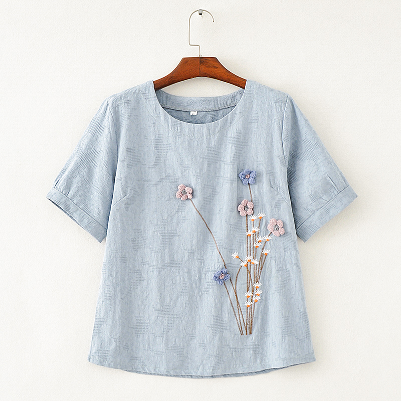 Arkget Shoes | Women's Flower Embroidered Blouse Linen Cotton Crew-neck Short-sleeve T-shirt