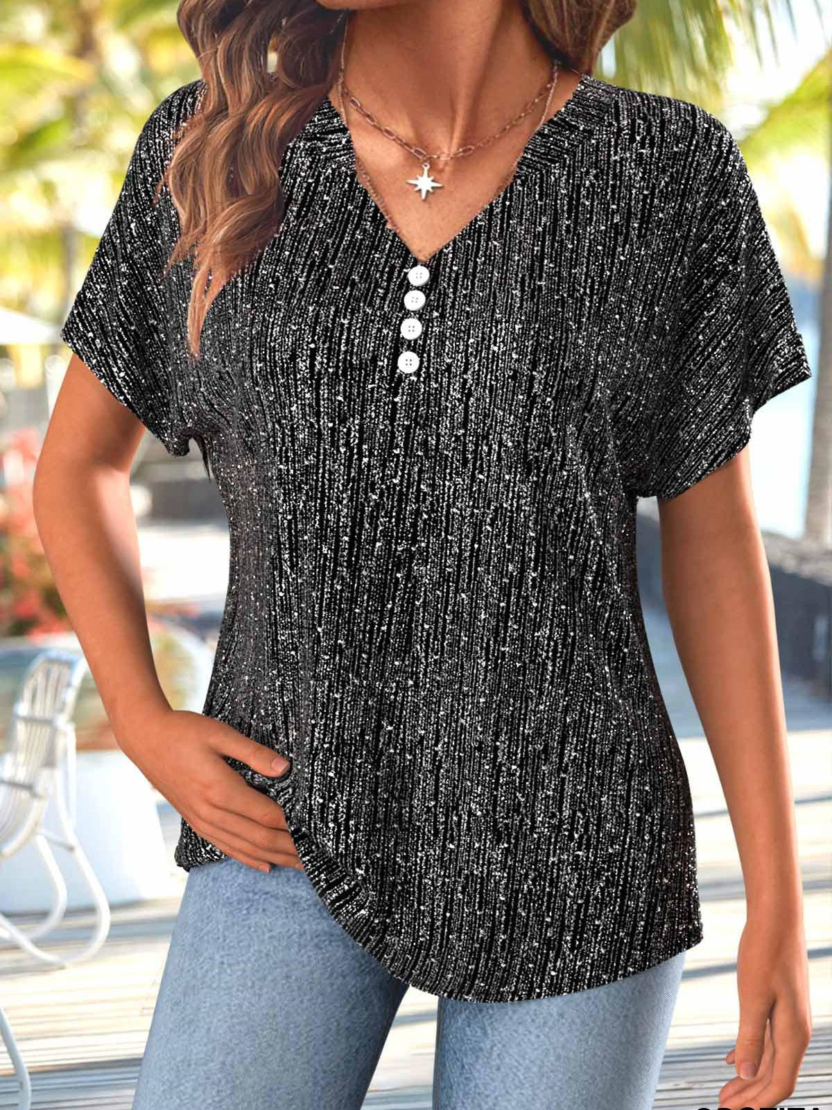 Women Short Sleeve V-neck Printed Graphic Button Tops