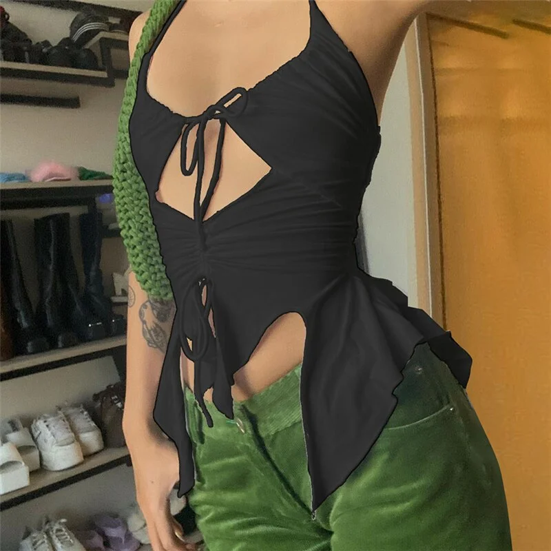 Yiallen Summer Sexy Party Club Clothes For Women 2021 New Hollow Out Shirring Halter Y2K Crop Top Female Fashion Streetwears