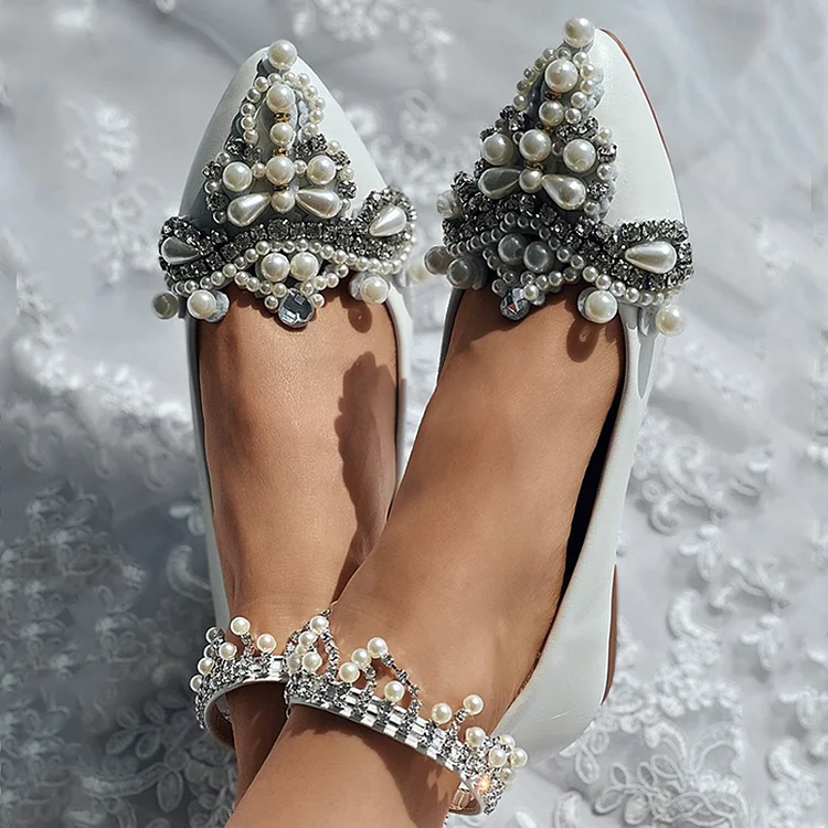 White Pointed Rhinestones Flats Women's Elegant Ankle Strap Pump Wedding Pearls Flat Shoes |FSJ Shoes