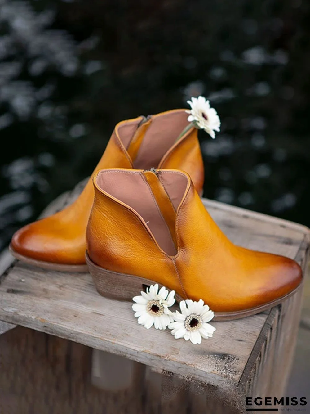 Retro Distressed Polished Color Zipper Thick Heel Pointed Ankle Boots | EGEMISS