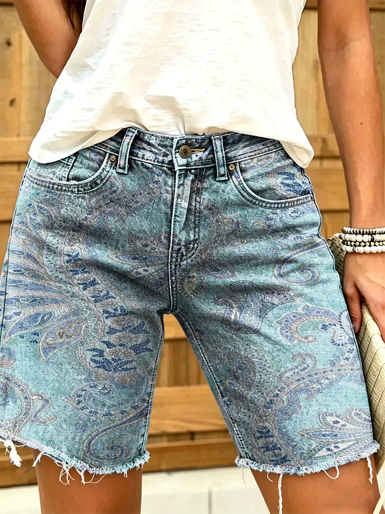 Women's Vintage Floral Print Denim Shorts