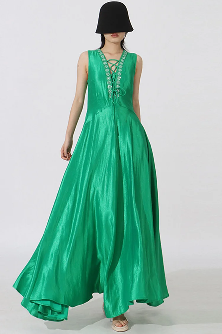 Floral Rhinestone Lace-Up Satin Maxi Dress-Green