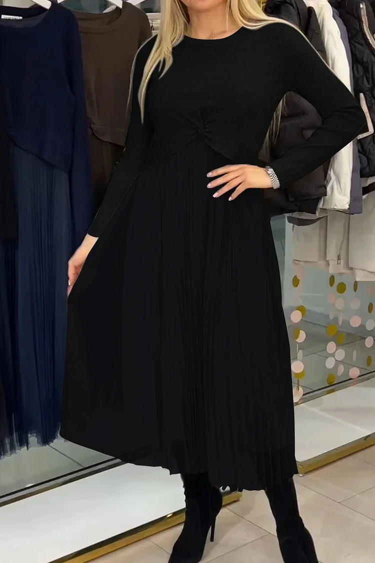Women's Solid Color Knitted Top Patchwork Pleated Mesh Dress Midi Dress Winter Dress