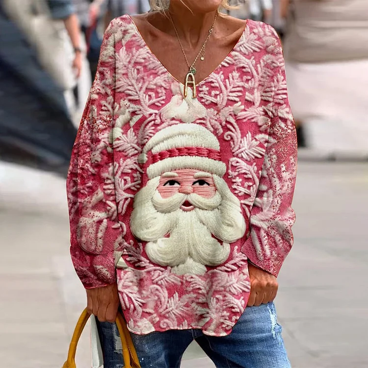 Comstylish Santa Claus Printed V-Neck Loose T-Shirt