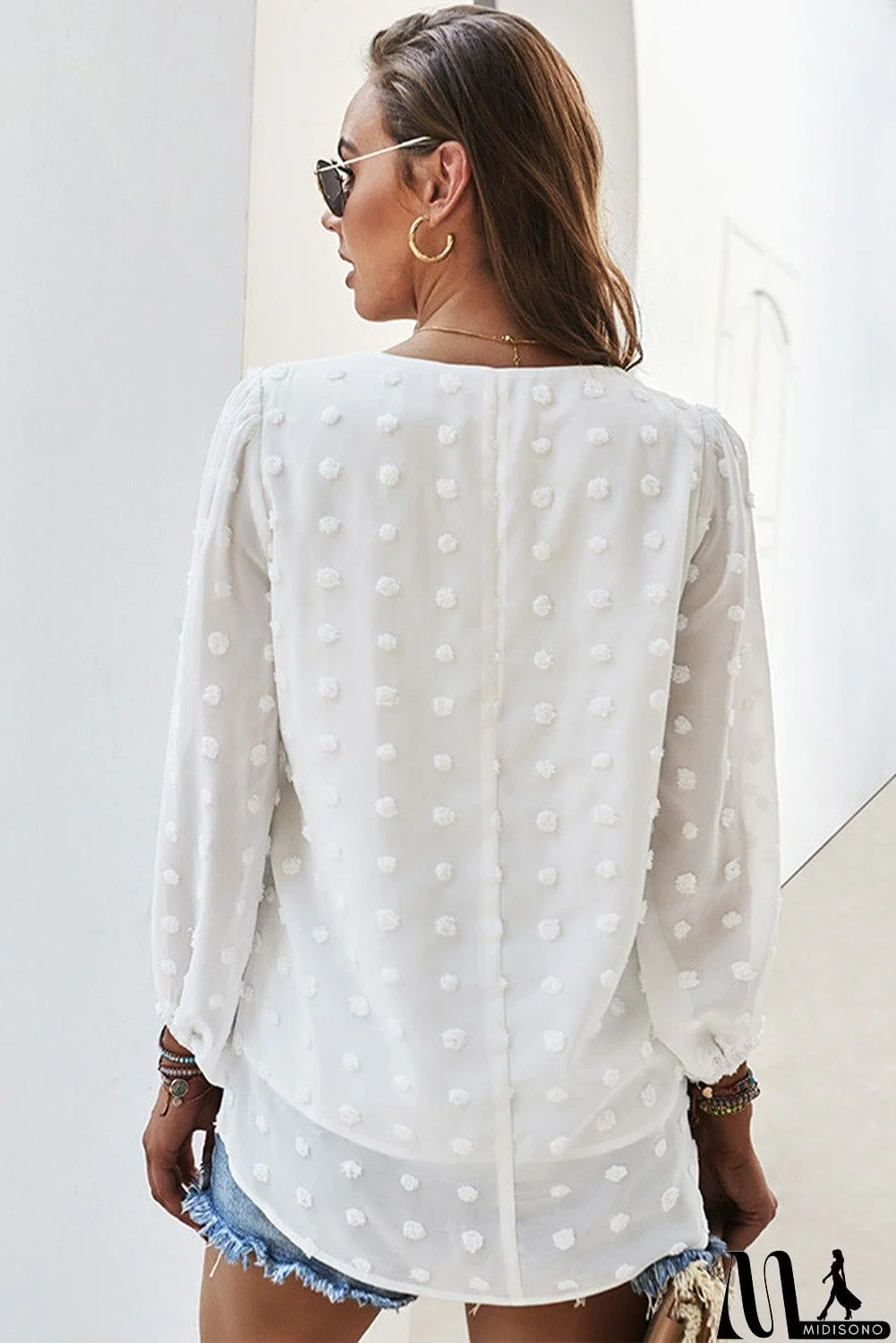 MidiSono - Swiss Dot Bubble Sleeve Blouse