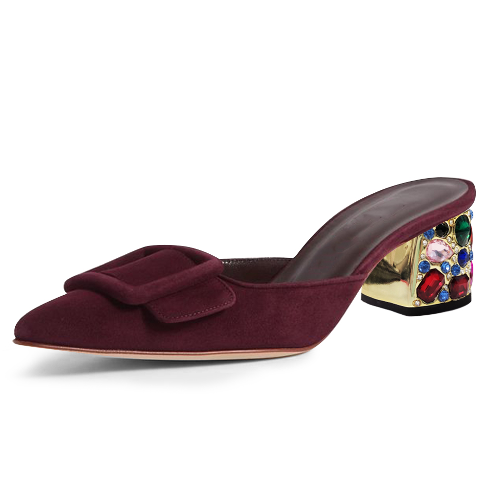 Maroon Faux Suede Pointed Toe Chunky Heel Mules with Square Knot Decor Nicepairs