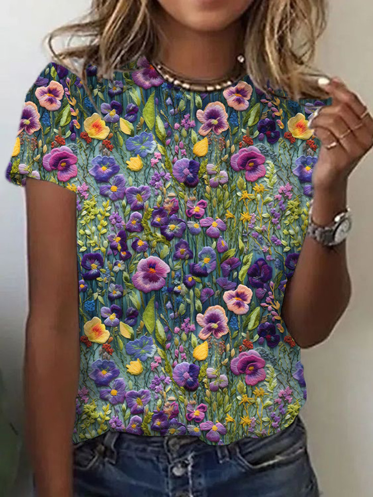 Comstylish Elegant Violet Wildflower Embroidered Short Sleeve T Shirt