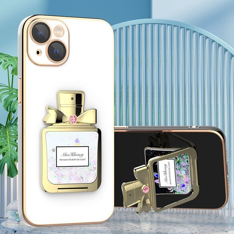 【Buy 3 Get Free Shipping】2022 New Fashion Plating Diamond Quicksand Metal Perfume Holder Stand Soft Case with Lens Film for iPhone