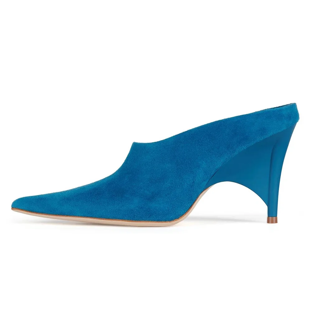 Blue Decorative Heel Pointed Toe Slip-On Mule Shoes for Women
