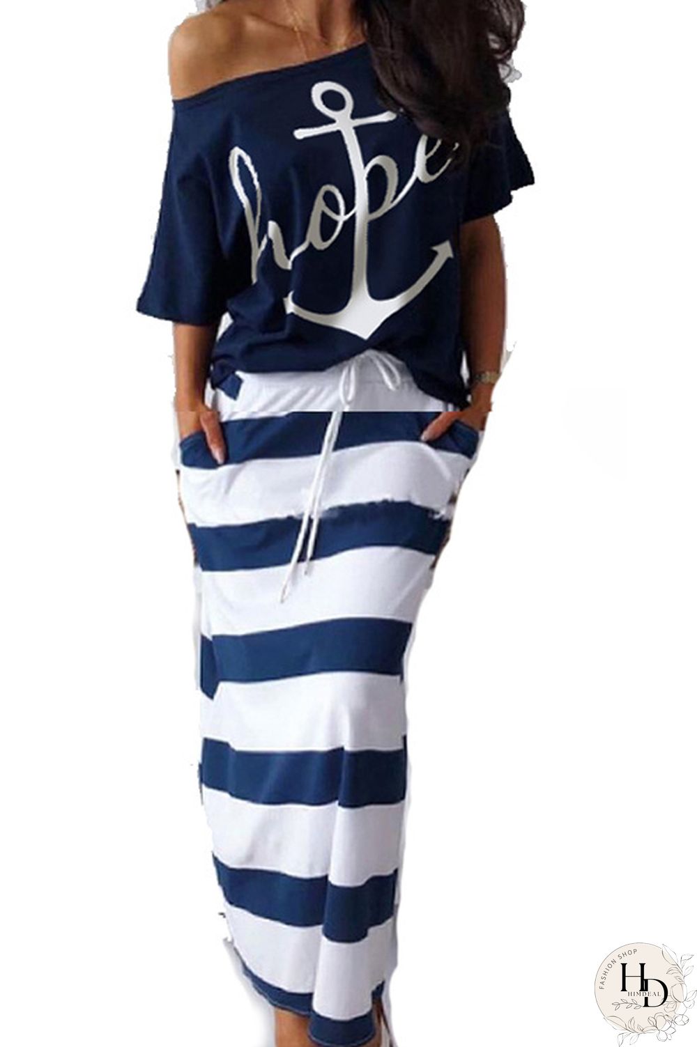 White and blue Polyester England Striped Geometric Letter Print bow-knot pencil Half Sleeve Two Pieces