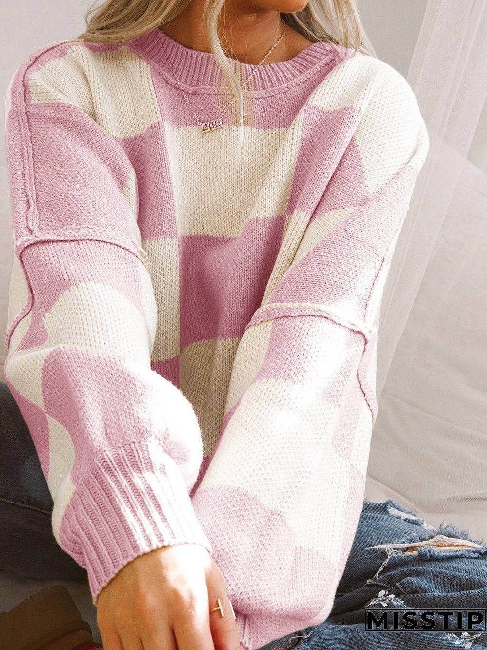 Checkered Pattern Knit Sweater for Women