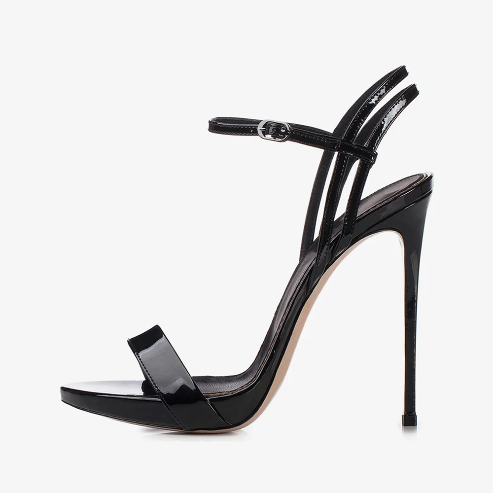 Black Patent Leather Open Toe Platform Ankle Strap Heeled Sandals