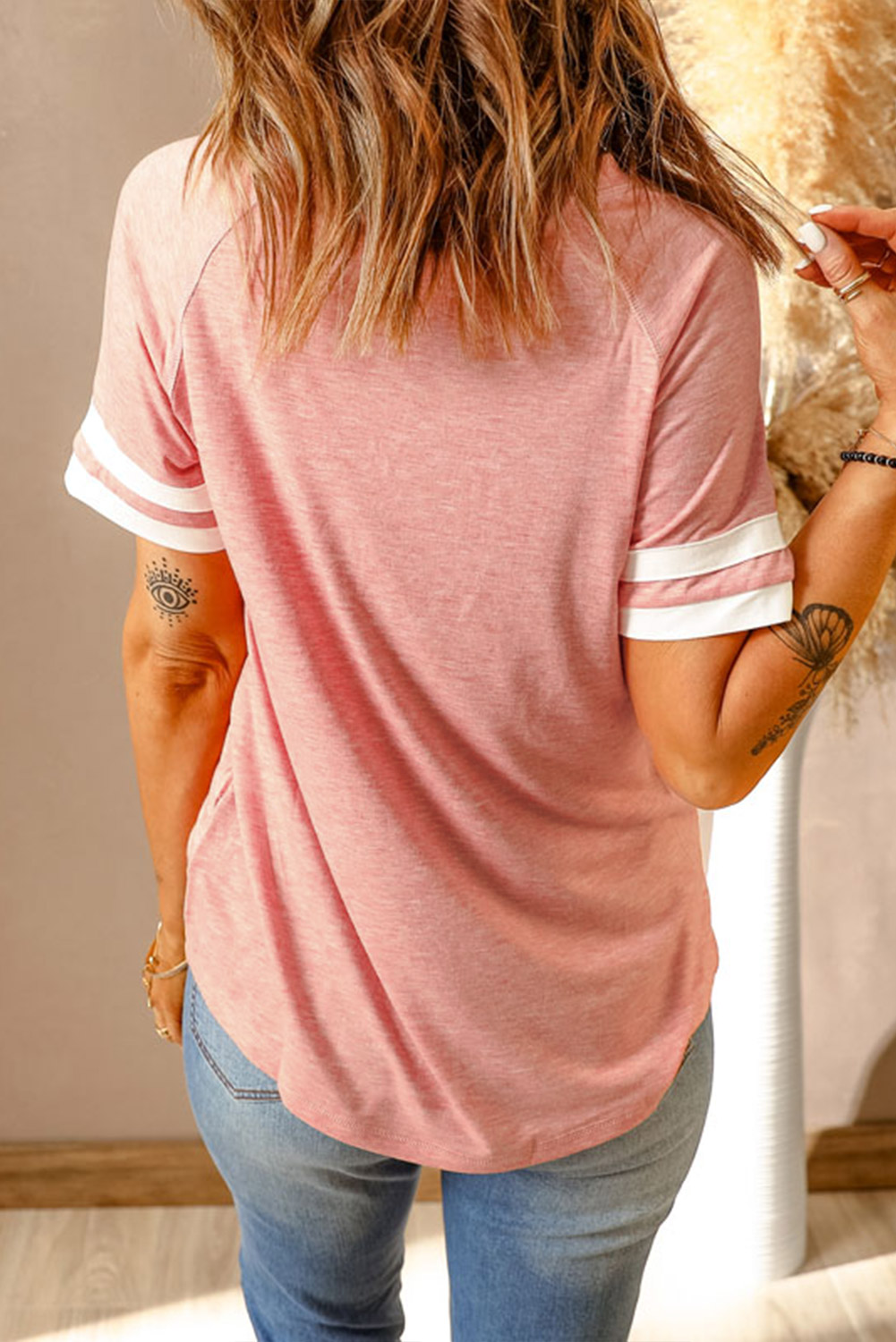 Pink Sketch Heart Print Striped Short Sleeve Tee