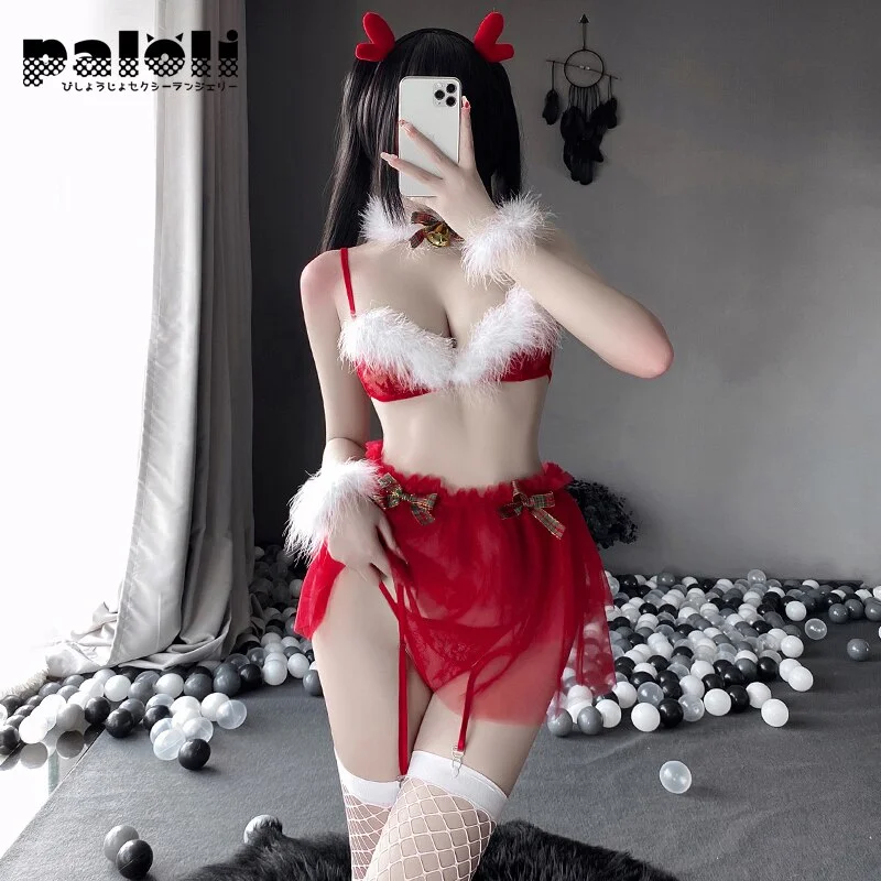 Billionm Sexy Lingerie Plush Red Christmas Cosplay Costumes Three-Point With Skirt Temptation Outfit Women Backless Deep V-Neck Uniform