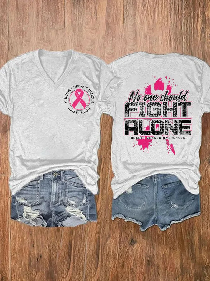 V-neck Breast Cancer Awareness No One Should Fight Alone Double Sided T-Shirt socialshop