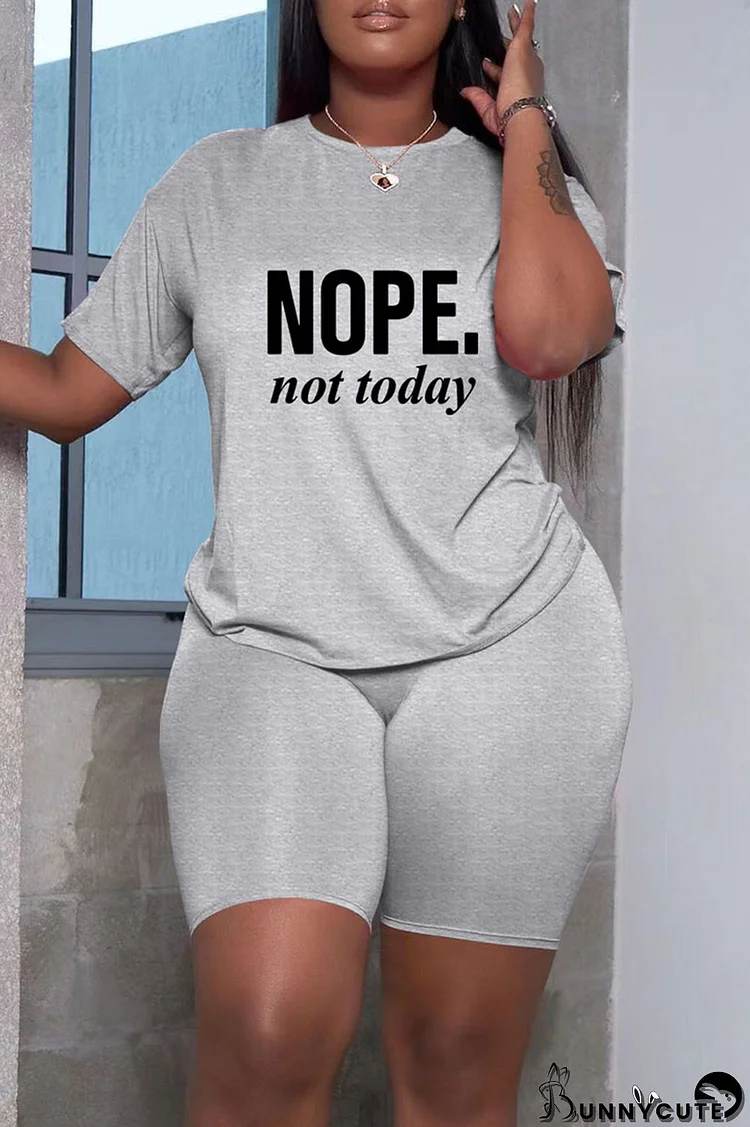 Grey Fashion Casual Letter Print Basic O Neck Short Sleeve Two Pieces