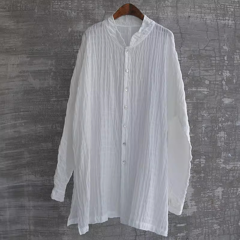Men's Lightweight Crinkled Cotton-Linen Mandarin Collar Shirt