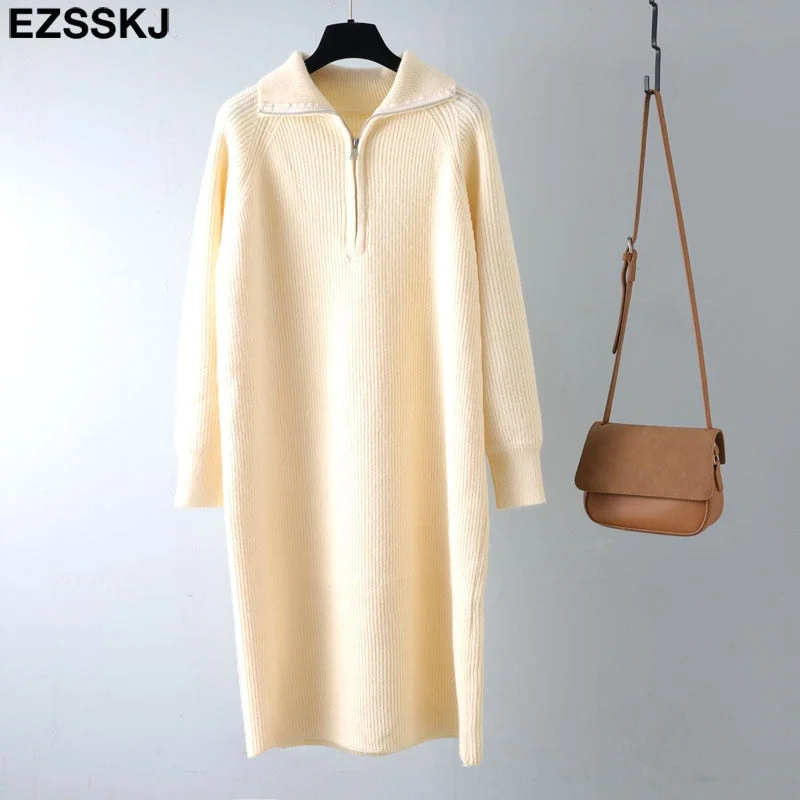 autumn winter warm Loose zipper thick sweater dress for women staight sweater dress women loose long dress Female chic dress