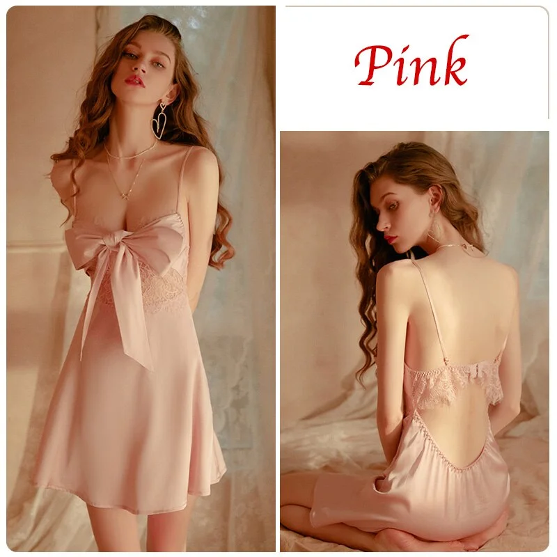 Billionm Nighties for Women Sleep Dress Bow Lace Temptation Deep V Open Back Ice Silk Sling Nightdress Home Clothes Dropshipping